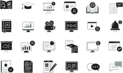 A collection of 24 black and white icons representing various aspects of education, business, and technology, displayed in a grid.