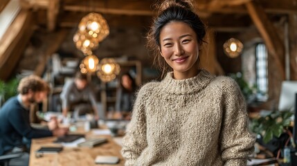 Obraz premium Smiling Woman in Cozy Knit Sweater in Rustic Office Space with Colleagues in Background 