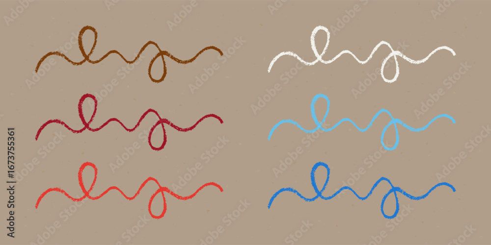Wall mural realistic chalk drawn sketch. set of design elements wavy lines with loops isolated on craft paper.