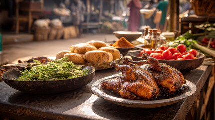 Obraz premium Delicious roasted chicken with fresh produce on a rustic kitchen table, ideal for home cooking.