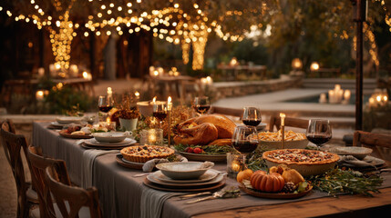 Thanksgiving table setting with pumpkin pie and a cozy, rustic atmosphere.