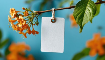 Blank tag hangs from branch, orange flowers