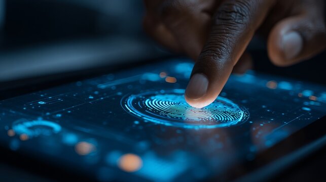 A person's finger presses onto a tablet device's security system, highlighting a focus on technology, security, and digital authentication. - Powered by Adobe