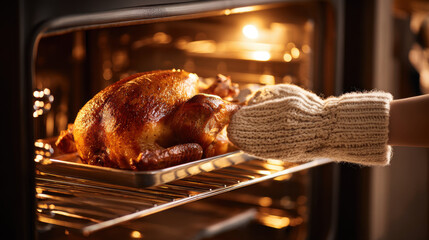 A golden roasted turkey emerges from the oven, perfect for a cozy Thanksgiving celebration at home.