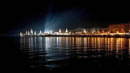 Fototapeta premium Nighttime Waterfront Festival Illumination with Colorful Lights Reflected in Still Water Surface