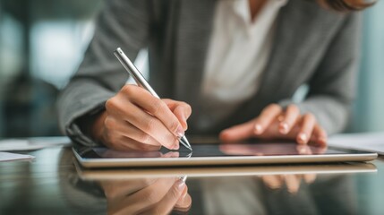 A professional, in a close-up shot, meticulously signs a digital tablet with a pen. The image highlights modern office work and attention to detail.