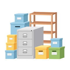 Colorful Storage Boxes, Filing Cabinet, and Wooden Shelf Unit