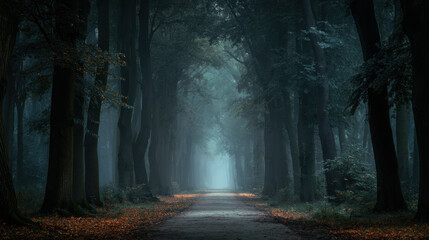 Obraz premium A tranquil forest path disappears into a mysterious, misty tunnel of trees, inviting exploration.