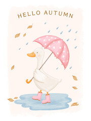 Card with watercolor cute baby goose. Funny animal walks under an umbrella in rubber boots in the rain and falling autumn leaves