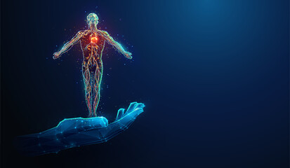 Low-Poly Hand Holding a Human Body Silhouette Made of Neon Particles with Glowing Blood Vessels. Abstract Vector Illustration Depicting Cardiovascular System Health Care Concept on Blue Background.