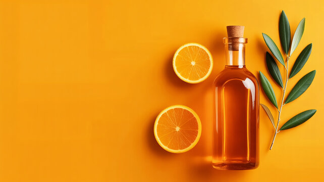 Vibrant orange elixir in bottle with orange slices and fresh leaves for beauty and wellness ads
