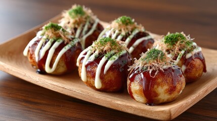 Delicious Takoyaki Balls on Wooden Plate with Toppings and Sauces for Tempting Japanese Street Food