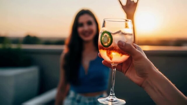 A hand holds a glass of a cocktail garnished with a jalapeno slice against a background of a girl and a sunset, capturing a trendy summer party vibe and a viral drink trend
