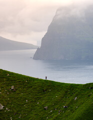 A solitary hiker stands on the lush green hills of the Faroe Islands, surrounded by breathtaking cliffs and the serene ocean below. Kallur Lighthouse, Kalsoy Island