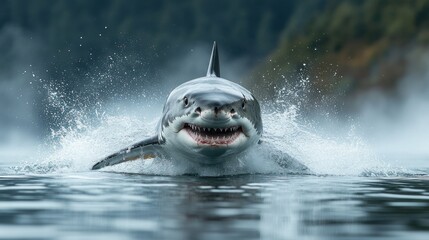 Great white shark breaching, misty fjord, wildlife documentary