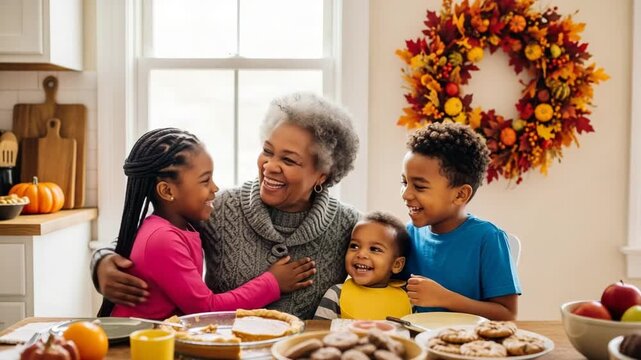  Traditional Thanksgiving turkey dinner.  Black child girl hugging grandma. Happy african american family celebrating Thanksgiving.
