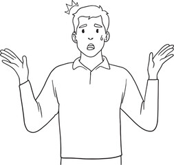 Vector line art illustration of a surprised or astonished man with his hands up in a shrugging gesture. This graphic conveys feelings of shock, confusion, or bewilderment. The simple, black-and-white.