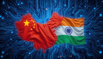 Digital technology rivalry china vs india global innovation landscape flag representation virtual environment dynamic perspective
