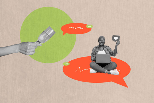 Creative trend collage of person suse netbook speech bubble with hand wine glass on pastel background