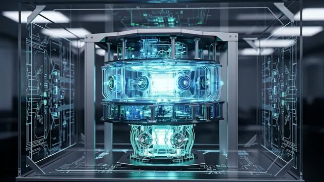 Futuristic Quantum Computer Glowing - A close-up shot reveals a futuristic quantum computer encased in glass, its intricate wiring and glowing teal lights illuminating the complex machinery within.