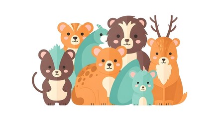 Obraz premium Fun and colorful vector illustration of adorable cartoon animals including bear, fox, rabbit, and deer. Perfect for children’s book, kids’ design, and educational themes