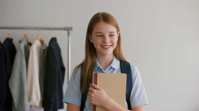 A schoolgirl in uniform smiles while holding a notebook, standing indoors with a clothing rack in the background, representing education, school learning and student lifestyle 
