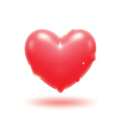 An illustration of a glossy red heart melting and dripping, floating over a clean white isolated background.