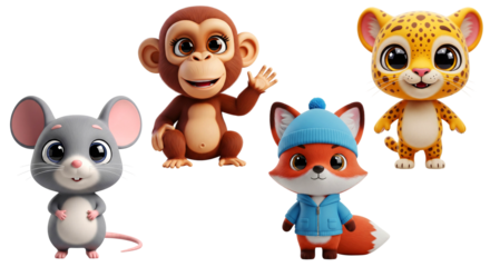 A delightful set of four adorable cartoon animals, including a mouse, monkey, fox, and leopard cub, each with big expressive eyes and playful poses. Perfect for children's books, games, or educational