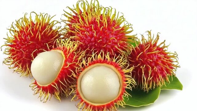 Freshly sliced rambutan fruit reveals its sweet white flesh surrounded by a spiky red shell