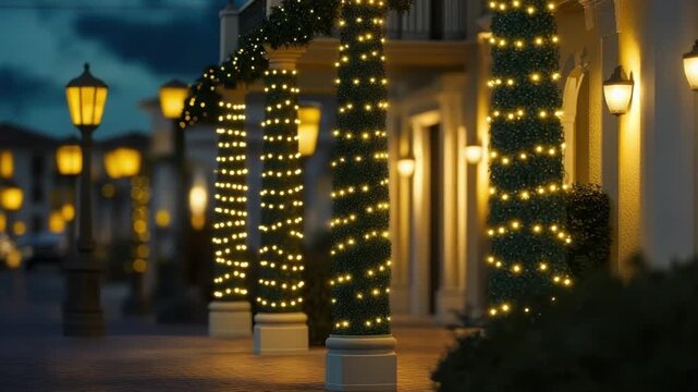 Row of columns decorated with warm string lights on a street at dusk illuminated by lampposts