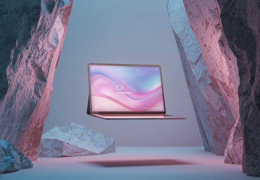 Futuristic Floating Laptop Mockup with Surreal Rock Background