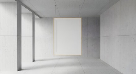 Empty modern concrete room with blank white square on wall minimalist interior design.