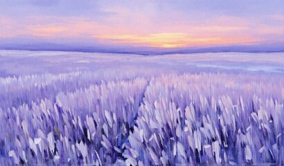 Naklejka premium A serene painting of a vast lavender-hued field stretching under a soft, pastel sunset sky, evoking tranquility.