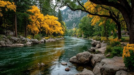 Autumnal river flowing through a valley