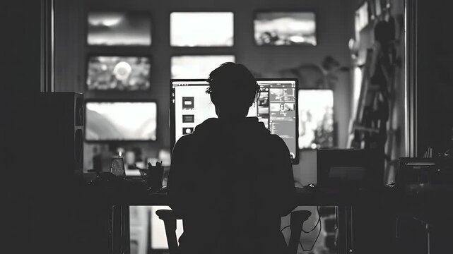 Focused person working on computer in interior