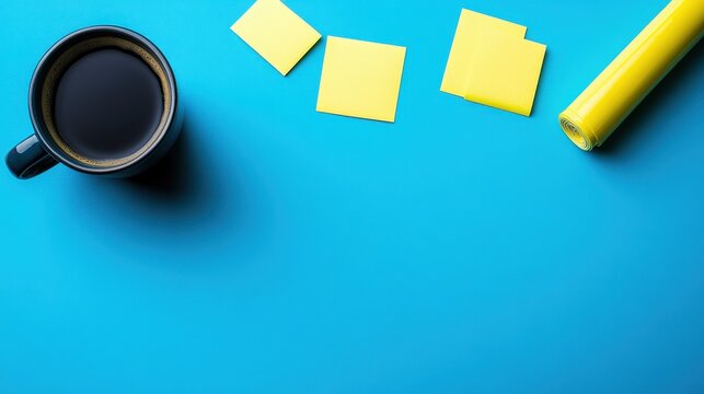 Flat lay of black coffee mug with yellow sticky notes and paper roll on blue background