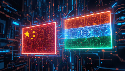 China and india flags illuminated in digital environment symbolizing global tech competition