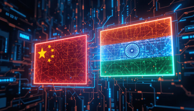China and india flags illuminated in digital environment symbolizing global tech competition - Powered by Adobe