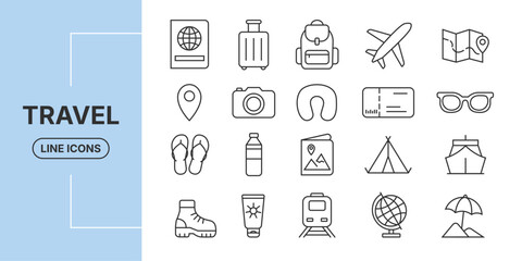 Minimal line icons set for travel including suitcase, passport, airplane and map