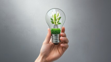 Hand holding a lightbulb with plant inside