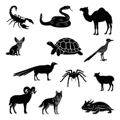 Silhouette Collection of Desert Animals: Scorpion, Snake, Camel, Fox, Turtle, and More