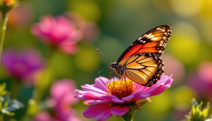 Fototapeta premium Butterfly Perched on Vibrant Flower Amidst Blurred Colorful Garden Background in Soft Light
