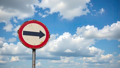 Directional Road Sign Pointing Right Against a Bright Blue Sky with Fluffy White Clouds