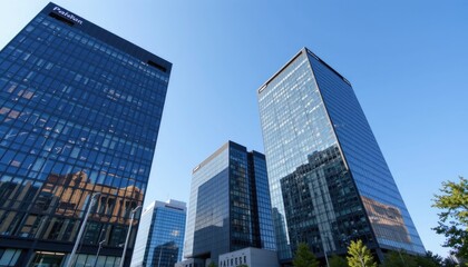 Modern skyscrapers with glass facades under clear blue sky in an urban setting, showcasing contemporary architecture and design elements