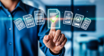Businessman touching a digital document with a checkmark, surrounded by glowing icons representing various data and information, symbolizing digital transformation and data management