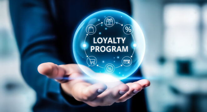 Businessman holding a glowing sphere with icons and text loyalty program inside, representing customer engagement and rewards in a business context