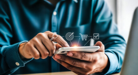 Man using smartphone with digital marketing icons, representing online shopping, target, analytics, and successful transactions, highlighting ecommerce and digital business strategies