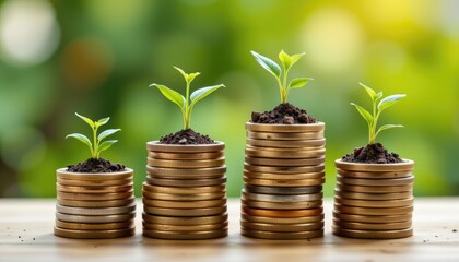 Growth of investment illustrated by coins and seedlings representing financial success and sustainability in a vibrant green environment