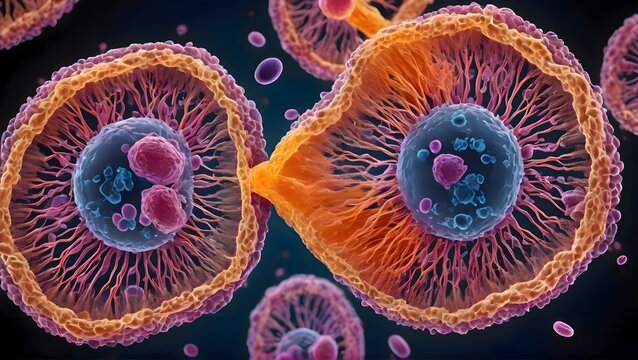 Close -up group of bacteria cells show mobile structures, membranes, nuclei and textures suitable for scientific research and macro -bondness