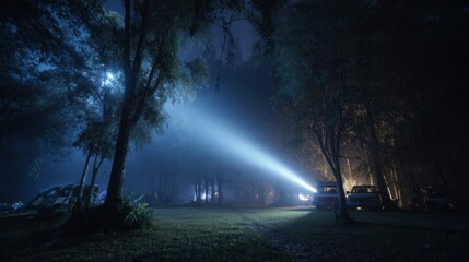 Nighttime forest scene with headlights piercing through fog